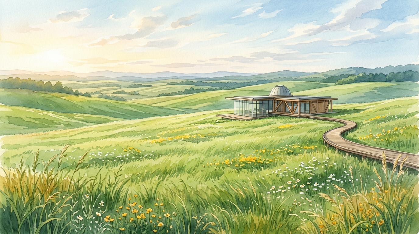 Orlyn Nea Voice research pavilion in grassy pastoral field