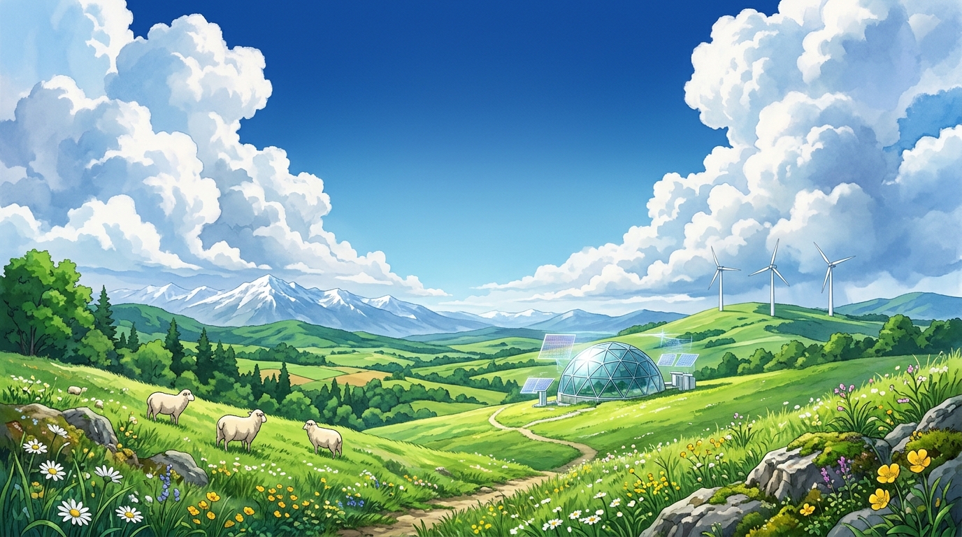 Orlyn wind turbines on grassy field under dynamic anime sky