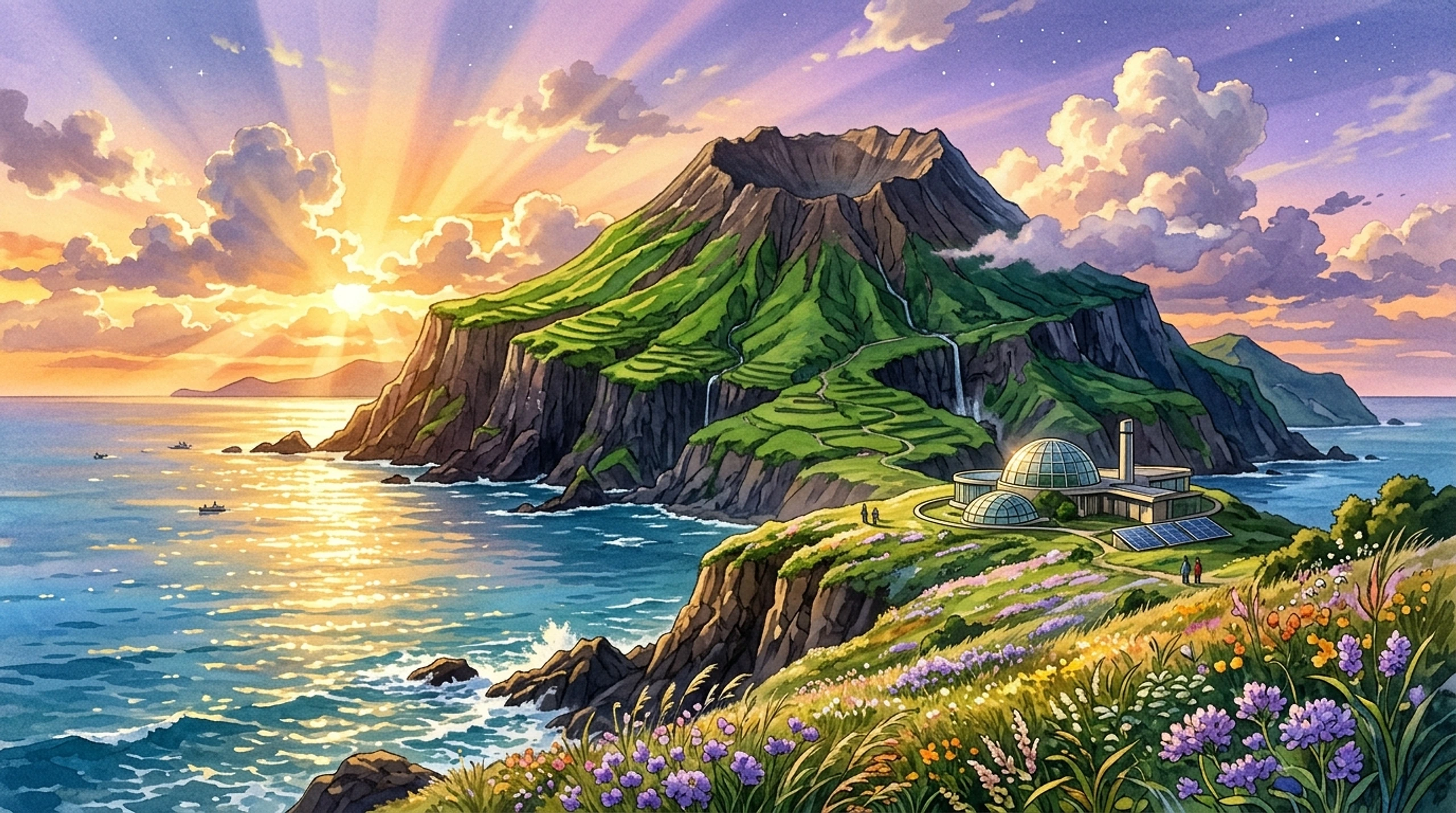 Nea Voice anime landscape of a majestic volcanic mountain and glistening ocean at sunset with coastal research dome
